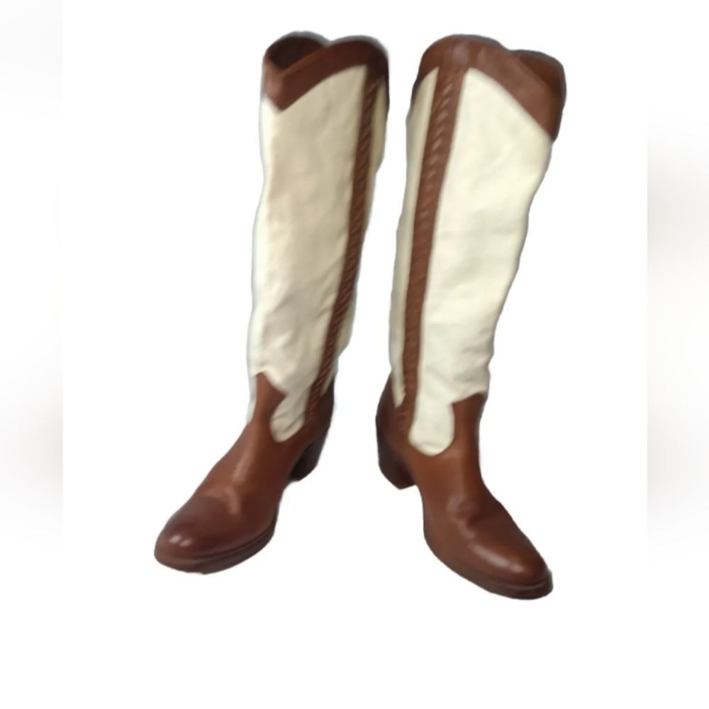 Frye Jane Braid Tan Leather Canvas Pull On Western Boot #77225 Women's Sz 7.5 B